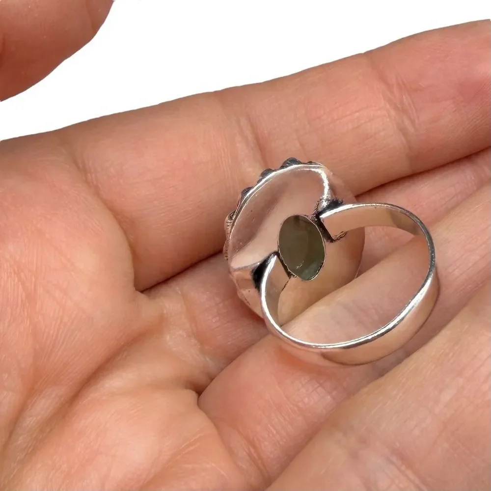Moss Prehnite Ring Size 6.5 925 Sterling Silver Overlay Natural Stone Green